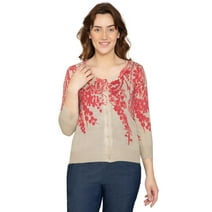 Turtle Bay New York Women's 3/4 Sleeve Knit Printed And Embellished Casual Cardigan Sweater