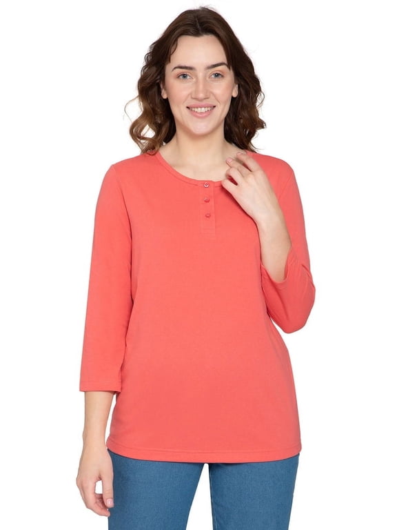Women's 3/4 sleeves Henley in cotton blend with button placket