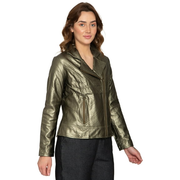 Turtle Bay New York Women's Asymmetrical Zip up Metallic Snake Pattern Moto Jacket