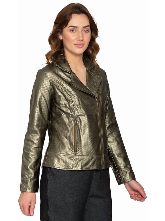 Women's Asymmetrical Zip up Metallic Snake Pattern Moto Jacket