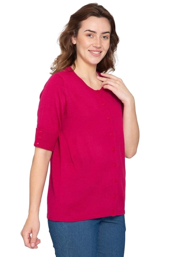 Women's Button Front Cardigan with a Unique Elbow Cuff Style