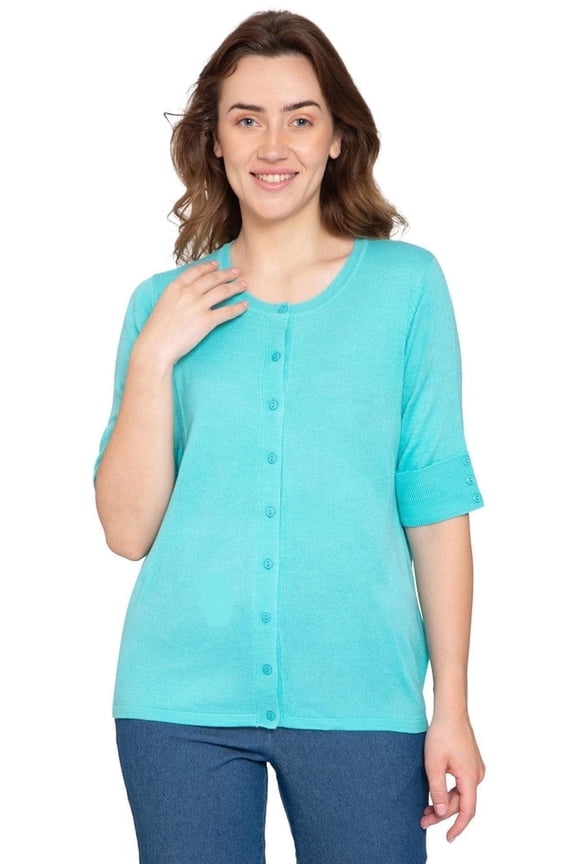 Women's Button Front Cardigan with a Unique Elbow Cuff Style