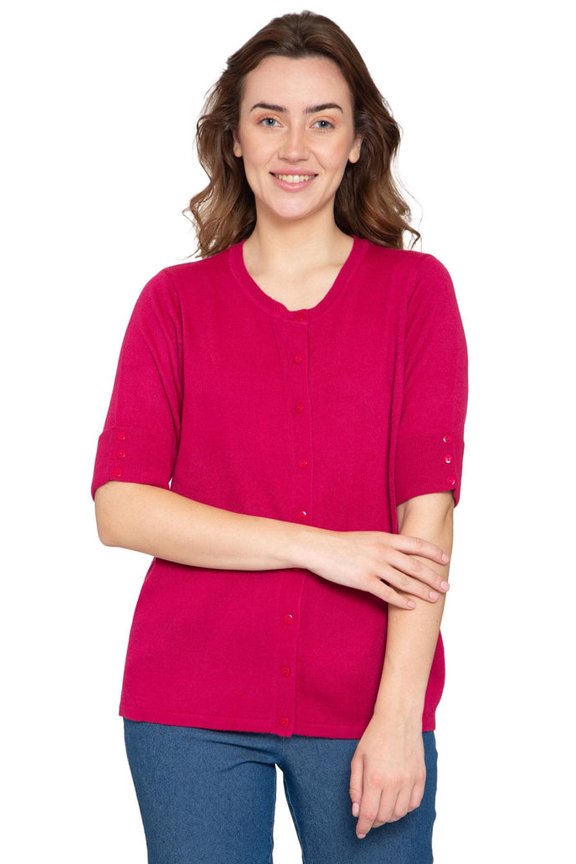Women's Button Front Cardigan with a Unique Elbow Cuff Style