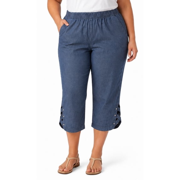 Turtle Bay New York Women's Capris with Studded Hem Detail in Cotton Blend Denim with Angled side Pockets (Plus Sizes)