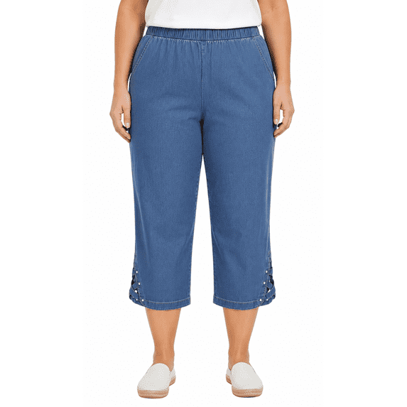 Turtle Bay New York Women's Capris with Studded Hem Detail in Cotton Blend Denim with Angled side Pockets (Plus Sizes)