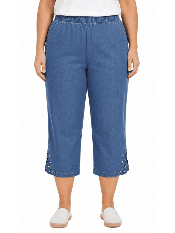 Women's Capris with Studded Hem Detail in Cotton Blend Denim with Angled side Pockets (Plus Sizes)
