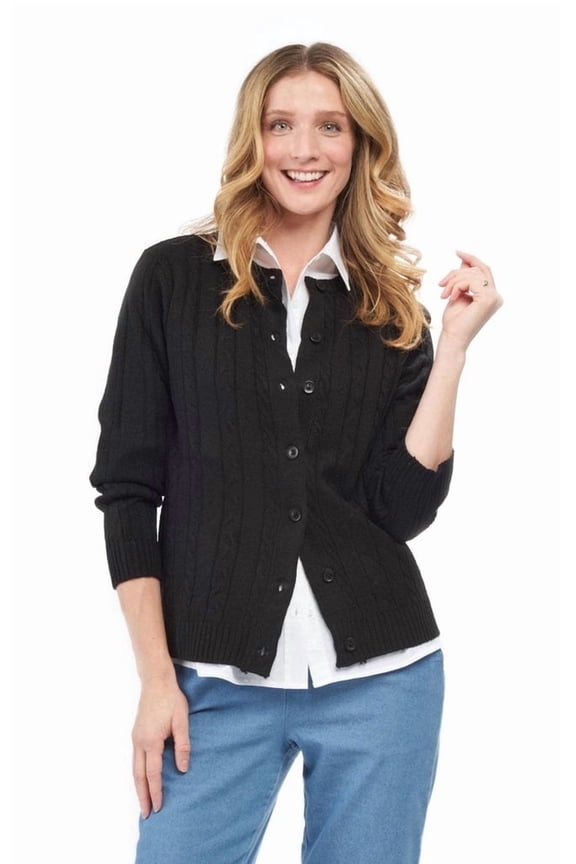Women's Classic Button Front Cable Knit Cardigan in Soft Acryllic