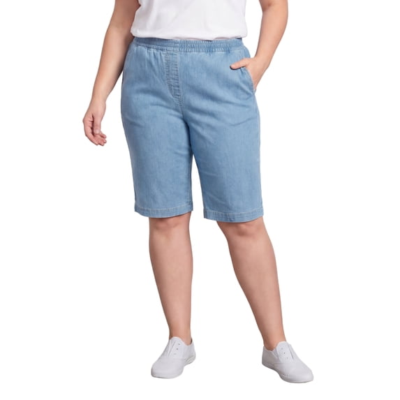 Turtle Bay New York Women’s Lightweight Denim Bermuda Shorts, Elastic Waist, Plus Sizes