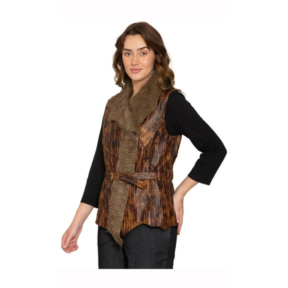 Women's Faux Fur Trimmed Belted Vegan Leather Vest