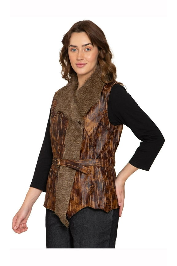 Women's Faux Fur Trimmed Belted Vegan Leather Vest