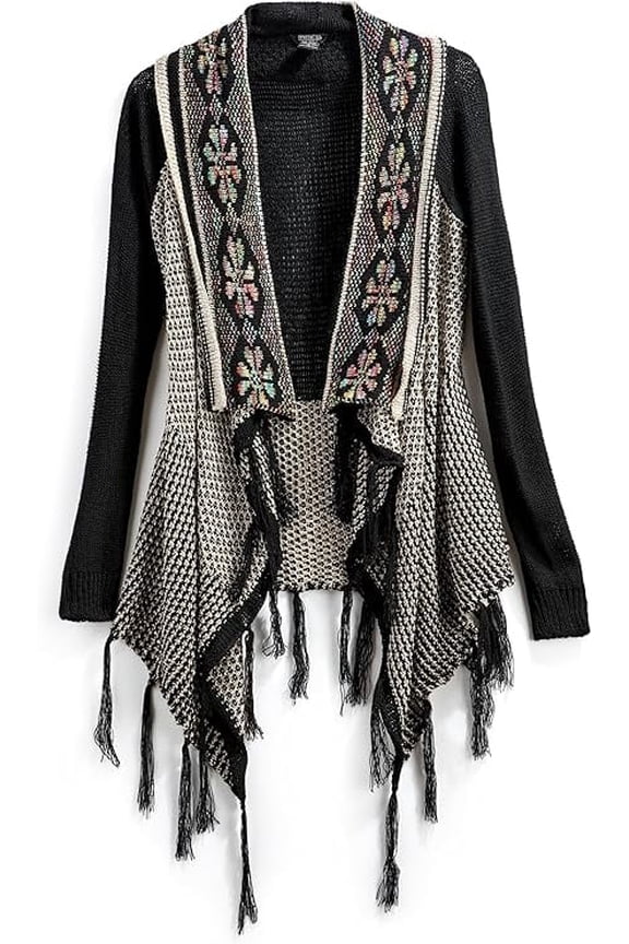 Women's Fringed Jacquard Weave Open Front Long Cardigan