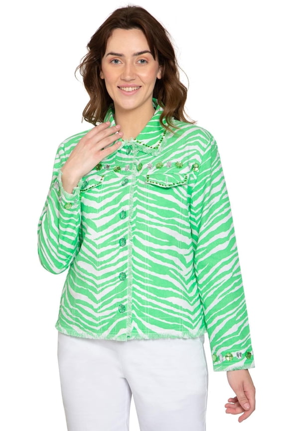 Women's Jewel Trimmed Zebra Printed Canvas Button front Jacket