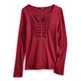 thumbnail image 1 of Turtle Bay New York Women's Open Crochet And Jewel Trim V-Neck Knit Top in Cotton Rib Knit, 1 of 3
