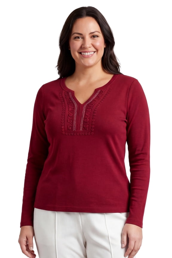 Women's Open Crochet And Jewel Trim V-Neck Knit Top in Cotton Rib Knit