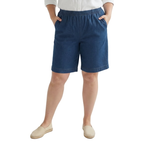 Turtle Bay New York Women’s Pull-On Stretch-Waist Denim Shorts – No Zipper, No Button, Soft Comfort(Plus Sizes)