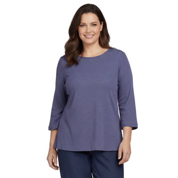 Turtle Bay New York Women’s Ribbed Cotton Top, Crew Neck, 3/4 Sleeve