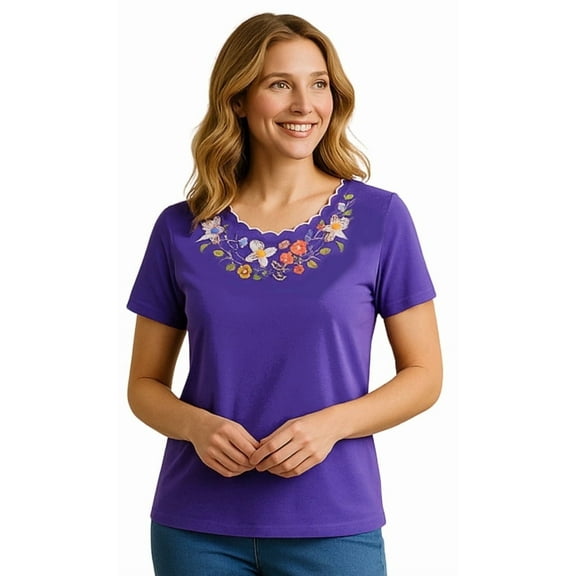 Turtle Bay New York Women's Scalloped Neckline Embellished Tee