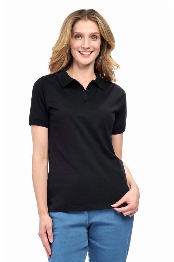Women's Short Sleeve Pique Knit Polo Shirt in Relaxed Fit Pocketless Jersey