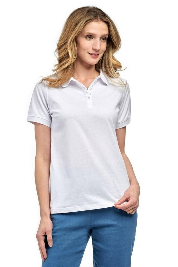 Women's Short Sleeve Pique Knit Polo Shirt in Relaxed Fit Pocketless Jersey