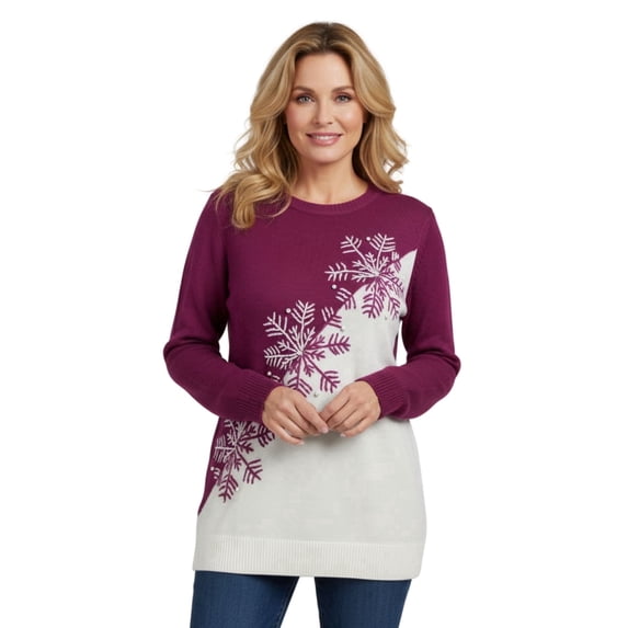 Turtle Bay New York Women’s Snowflake Color Block Crewneck Sweater, Long Sleeve