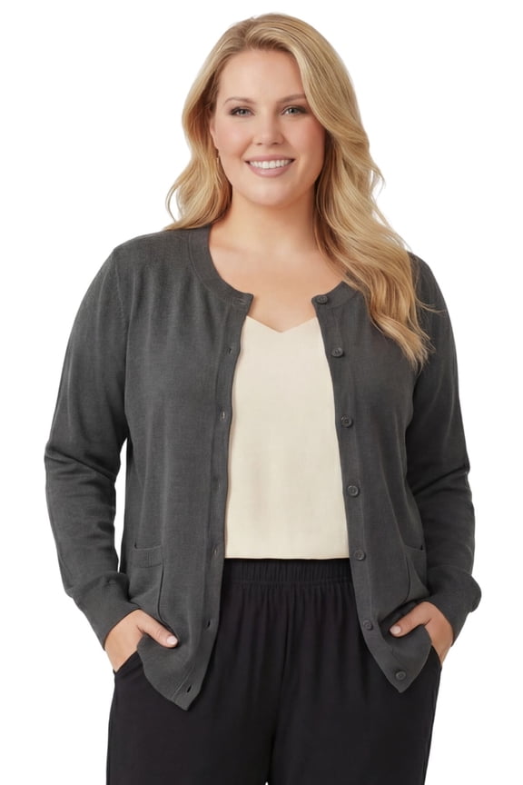 Women’s Button-Up Cotton Cardigan, Crewneck with Front Pockets