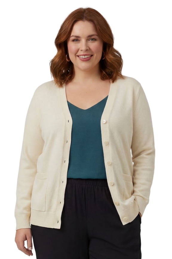 Women’s Button-Up Cotton Cardigan, Crewneck with Front Pockets