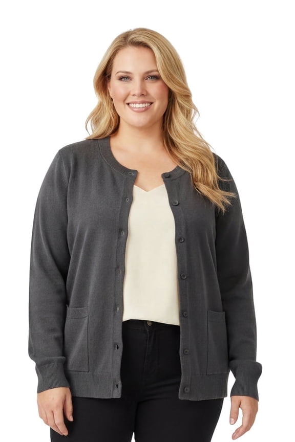 Women’s Button-Up Cotton Cardigan, Crewneck with Front Pockets