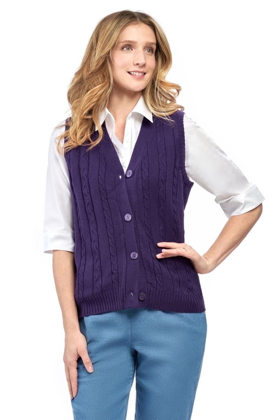 Womens Button Front Cable Knit Cardigan Sweater Vest