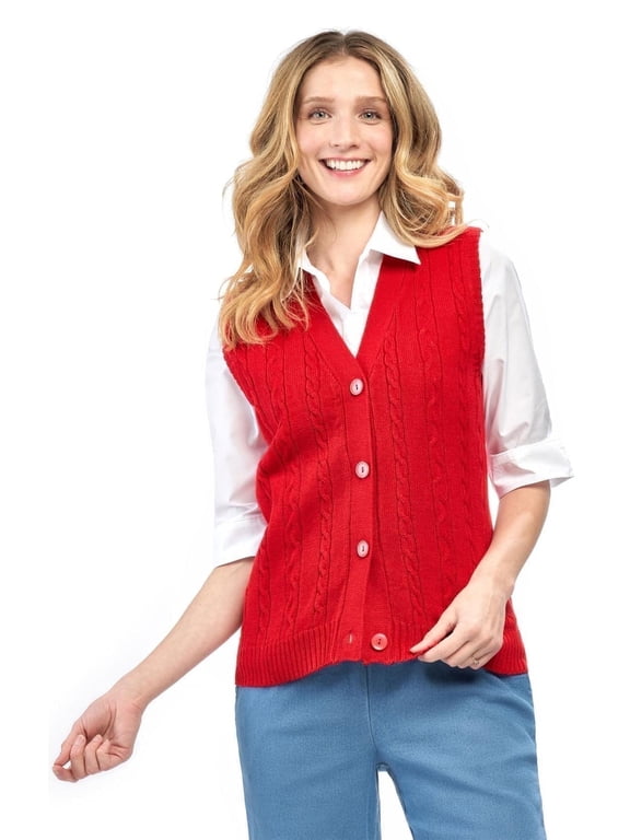 Womens Button Front Cable Knit Cardigan Sweater Vest