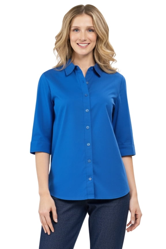 Womens Regular Fit 3/4 Sleeve Button Down Collared Camp Shirt