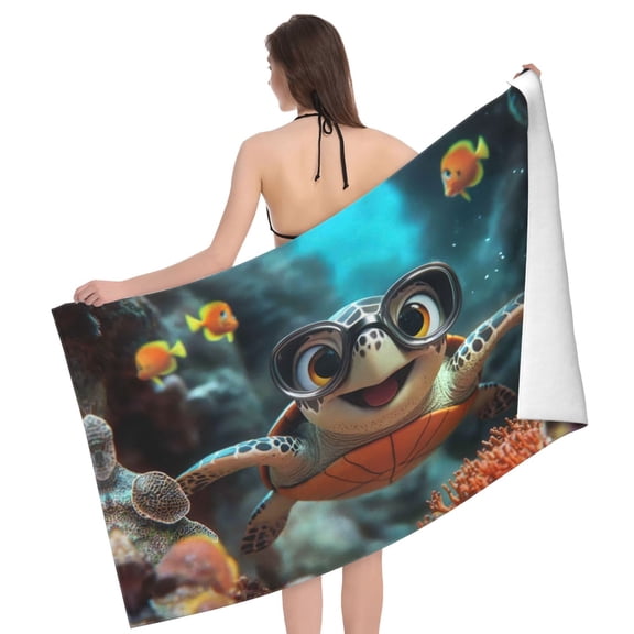 Turtle Beach Towel, 32x52" Quick Dry Microfiber Whimsical Goggle Design, Absorbent Soft Wrap For Bathroom Decor, Yoga, Spa
