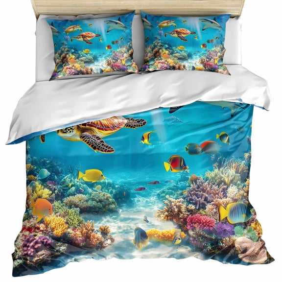 Turtle Bedding 3 Piece Duvet Cover Set Twin Size, Shark Ocean Coral Underwater Scenery Sea Soft Microfiber Comforter Cover with Zipper Closure & Pillowcases, Wrinkle & FadeResistant Quilt Cover