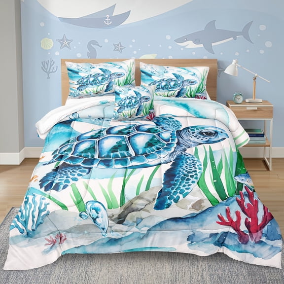 Turtle Bedding Set for Boys Girls Queen Size Comforter Set Ocean Theme Bedding Sea Turtle Coral Coastal Bedding Set Soft Cozy Lightweight Quilt 4-Piece 1 Comforter 2 Pillowcases 1 Cushion Cover for A