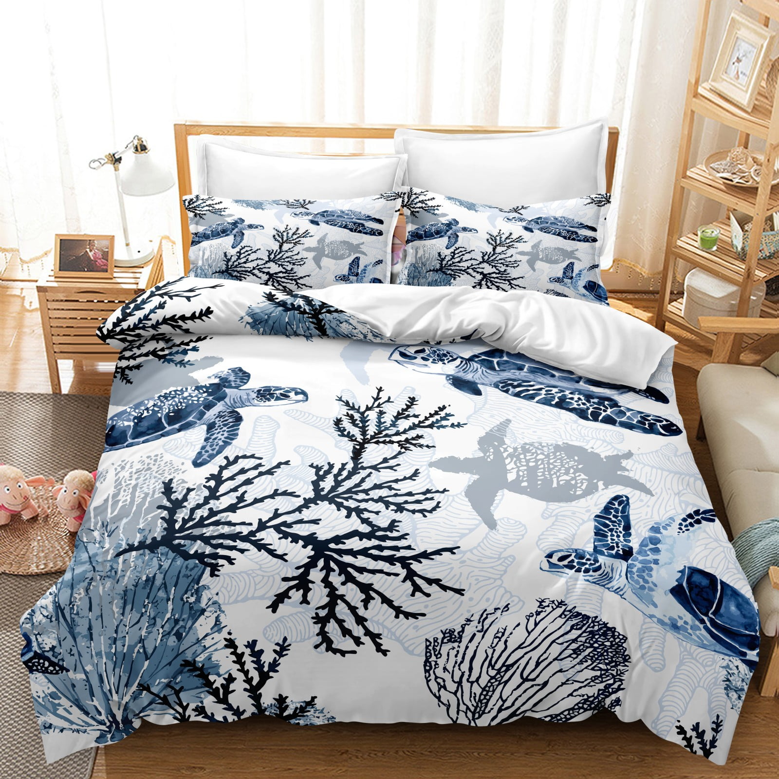Turtle Bedding Set Queen Nautical Coastal Bedding,White Blue Sea Turtle