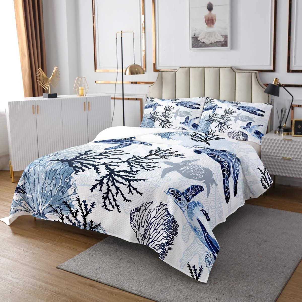 Turtle Bedding Set Queen White Blue Sea Hawaiian Turtle Coverlet Set for Kids,Tortoise