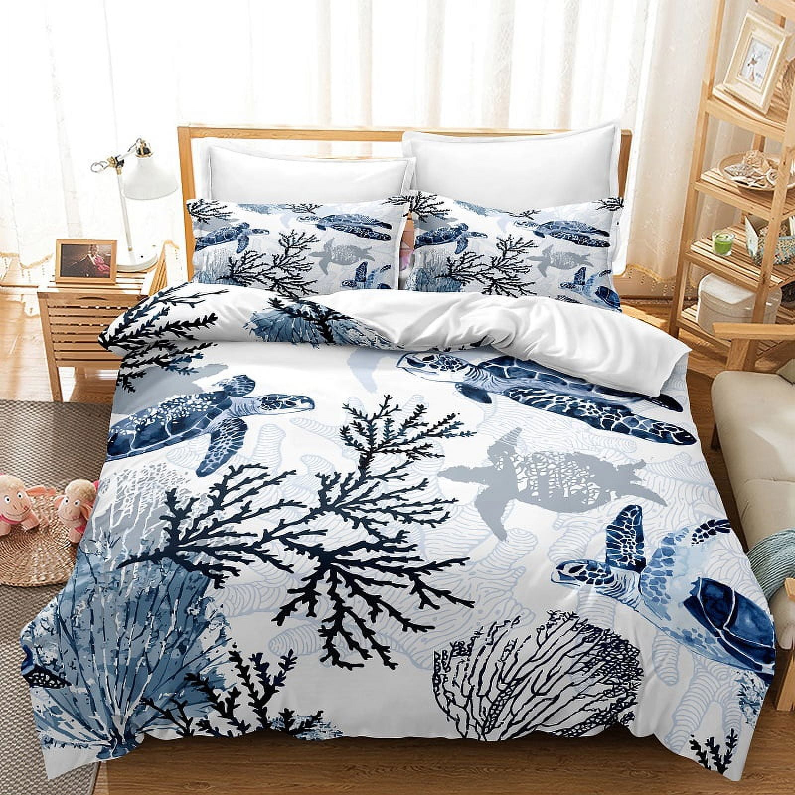 Turtle Bedding Sets Twin White Blue Whale Decor Teen Duvet Cover Set