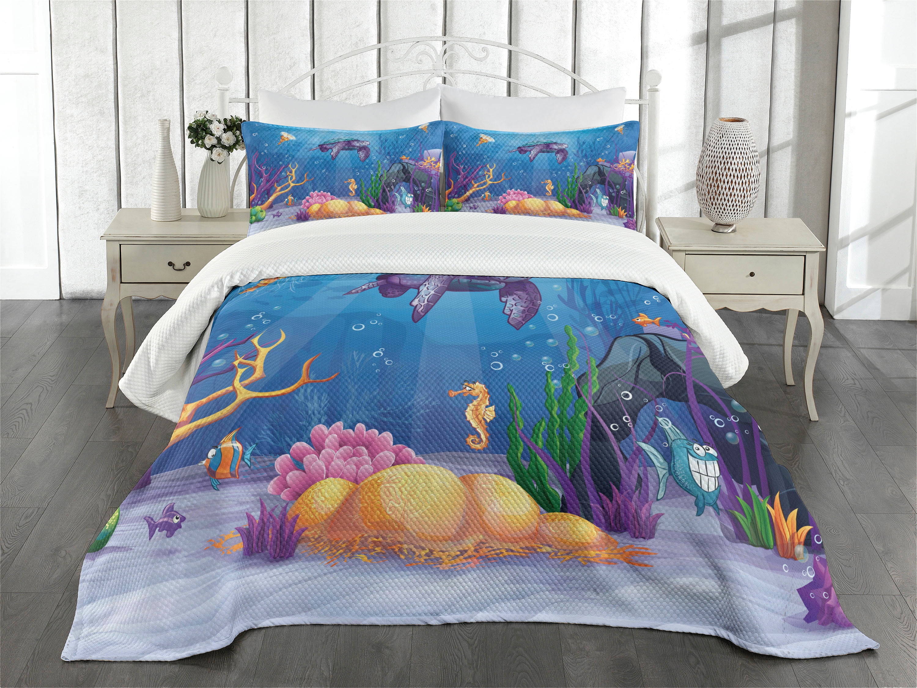 Turtle Bedspread Set King Size, Underwater World Cartoon Style ...