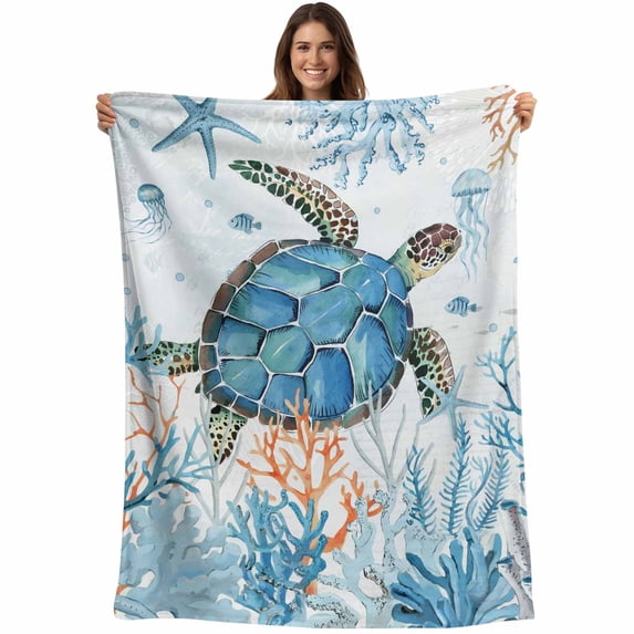 Turtle Blanket Soft Cozy Warm Twin Blanket for Bed, Plush Fuzzy Flannel Fleece Blankets for Sofa, Blue Coastal Starfish Ocean Coral Nautical Throw Blankets for Couch, Gifts for Men, 60"x80"