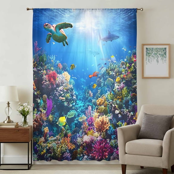 Turtle Blue Sheer Curtains 45 Inches Long, Ocean Coral Shark Fish Underwater Scenery Light Filering Curtains, Breathable Simi Curtain Privacy Drapes for Kitchen Bathroom Small Window Treatment