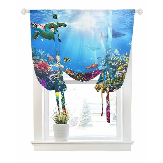 Turtle Blue Tie Up Curtains for Window, Thermal Insulated Balloon Shade Adjustable Rod Pocket Curtains Valance Panels for Kitchen Bathroom Cafe 52 x 45 Ocean Coral Shark Fish Underwater Scenery