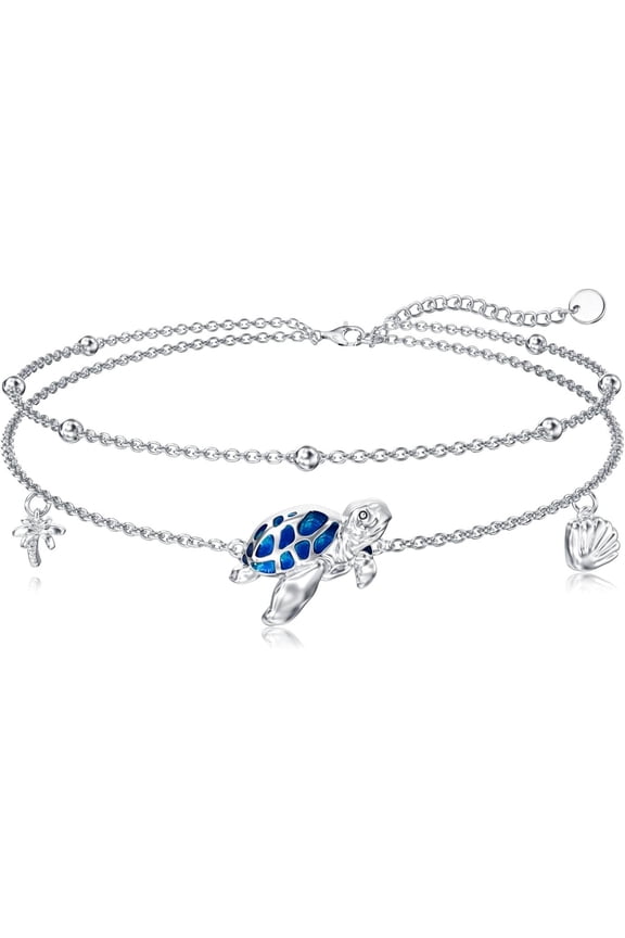Turtle Bracelet 925 Sterling Silver Layered Bracelet With Shell Palm Tree Ocean Beach Jewelry for Women 7+2 Inch