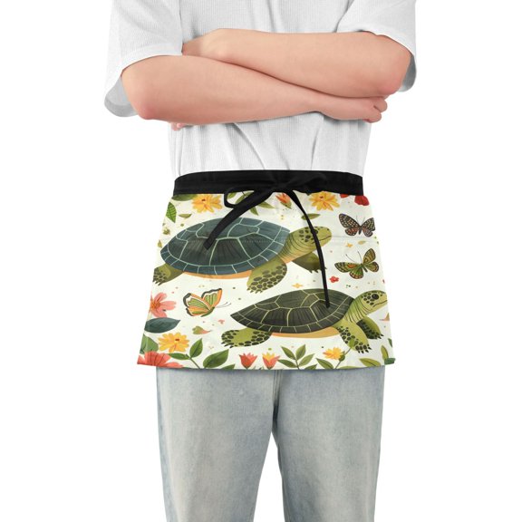 Turtle Butterflies Flower Leaf Server Apron with 3 Pockets Waterproof Waitress Waist Short Apron for Man Woman 12 Inches