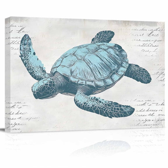 Turtle Canvas Print Wall Art Blue Ocean Animal Vintage Texture Pictures Painting Morden Artwork for Living Room Bedroom, Ready to Hang - 12"x16"