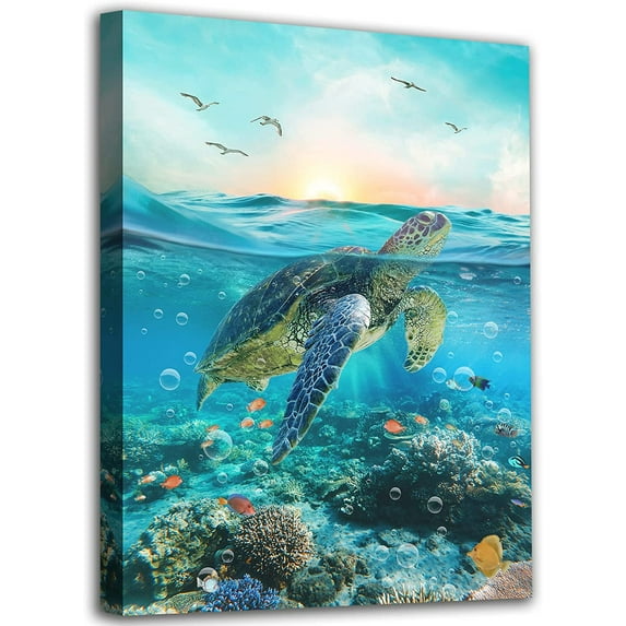 Turtle Canvas Wall Art Blue Ocean World Canvas Pictures Sea Animals Photography Prints Bird Fish Artwork Painting for Bathroom Living Room Bedroom Home Wall Decor Framed Ready to Hang 12"x 16"