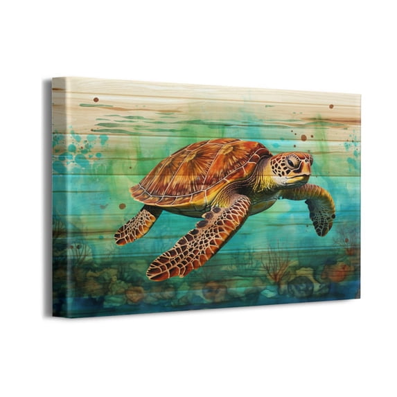 Turtle Canvas Wall Art Blue Ocean World Canvas Pictures Sea Animals Photography Prints Bird Fish Artwork Painting for Bathroom Living Room Bedroom Home Wall Decor Framed Ready to Hang 16"x 12"