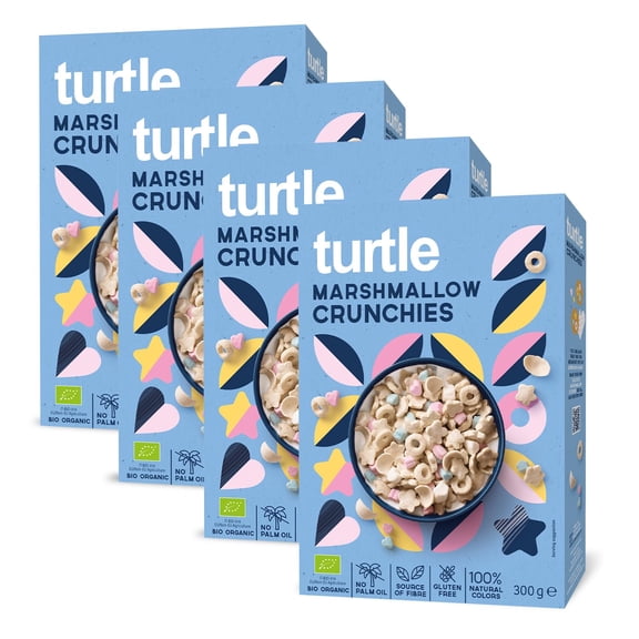 Turtle Cereal Better Breakfast Marshmallow Crunchies Gluten Free Cereal 300g (Pack of 4) | Certified Organic Family Breakfast Cereal, Source of Fibre, 100% Natural Colours, No Palm Oil