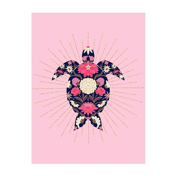 Turtle Chinoiserie - pink and navy - Illustration Floral Pattern Botanical Pastel Animal Boho Unframed Wall Art Print 5 x 7 inches