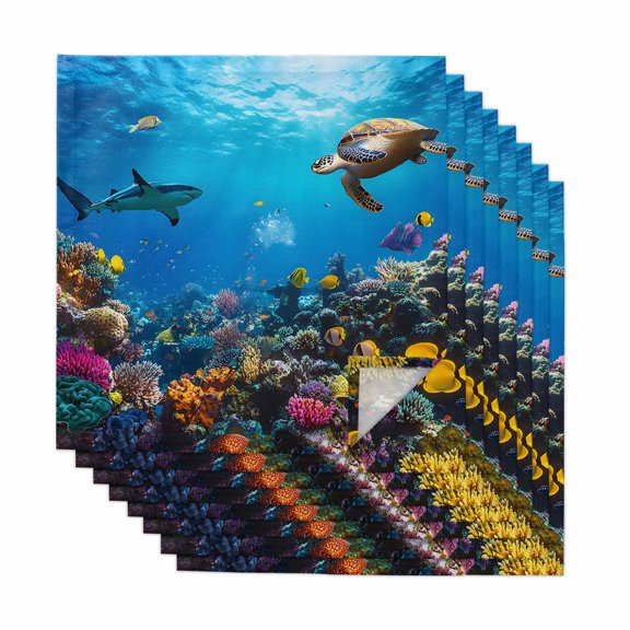 Turtle Cloth Napkins, Blue Ocean Sea Shark Coral Cartoon Fish Summer Washable and Reusable Dinner Napkins Set of 8, Table Napkin for Kitchen Party Birthday Wedding Hotel Housewarming 20"x20"