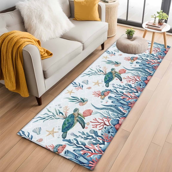 Turtle Coastal 2'x6' Runner Rugs for Hallway Kitchen Bedside Non Slip, Summer Beach Ocean Shell Jellyfish Starfish Entryway Rug Runners with Rubber Backing, Long Carpet Runner for Laundry Room