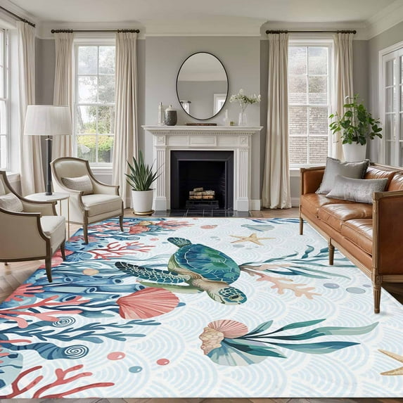 Turtle Coastal Area Rugs 5'x8', Washable Small Throw Rugs for Classroom Bedroom, Summer Beach Ocean Shell Jellyfish Starfish Indoor Outdoor Rug Non-Slip Low Pile Carpet Runner Reversible Floor Mats